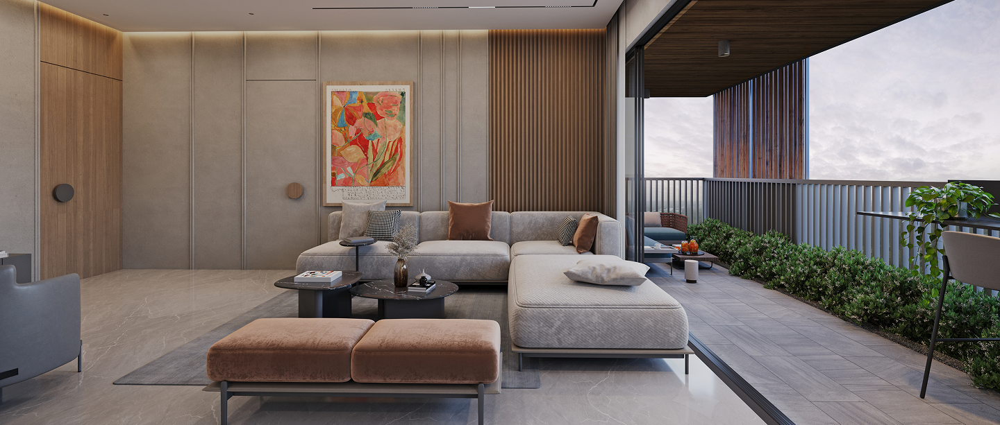 SAAR Epicurean — premium interior shot with study and dining, branded SAAR. ICONIC LIVING. OWN IT.